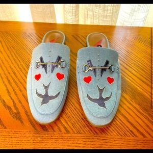 Nine West Wispin Denim Mules Buckles Size 7.5M